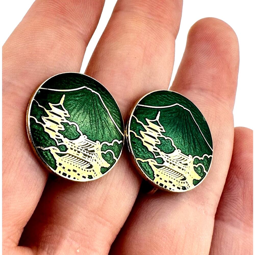 Vintage Inaba Japanese Green Enamel Cloisonné Gold Tone Clip On .75” Earrings